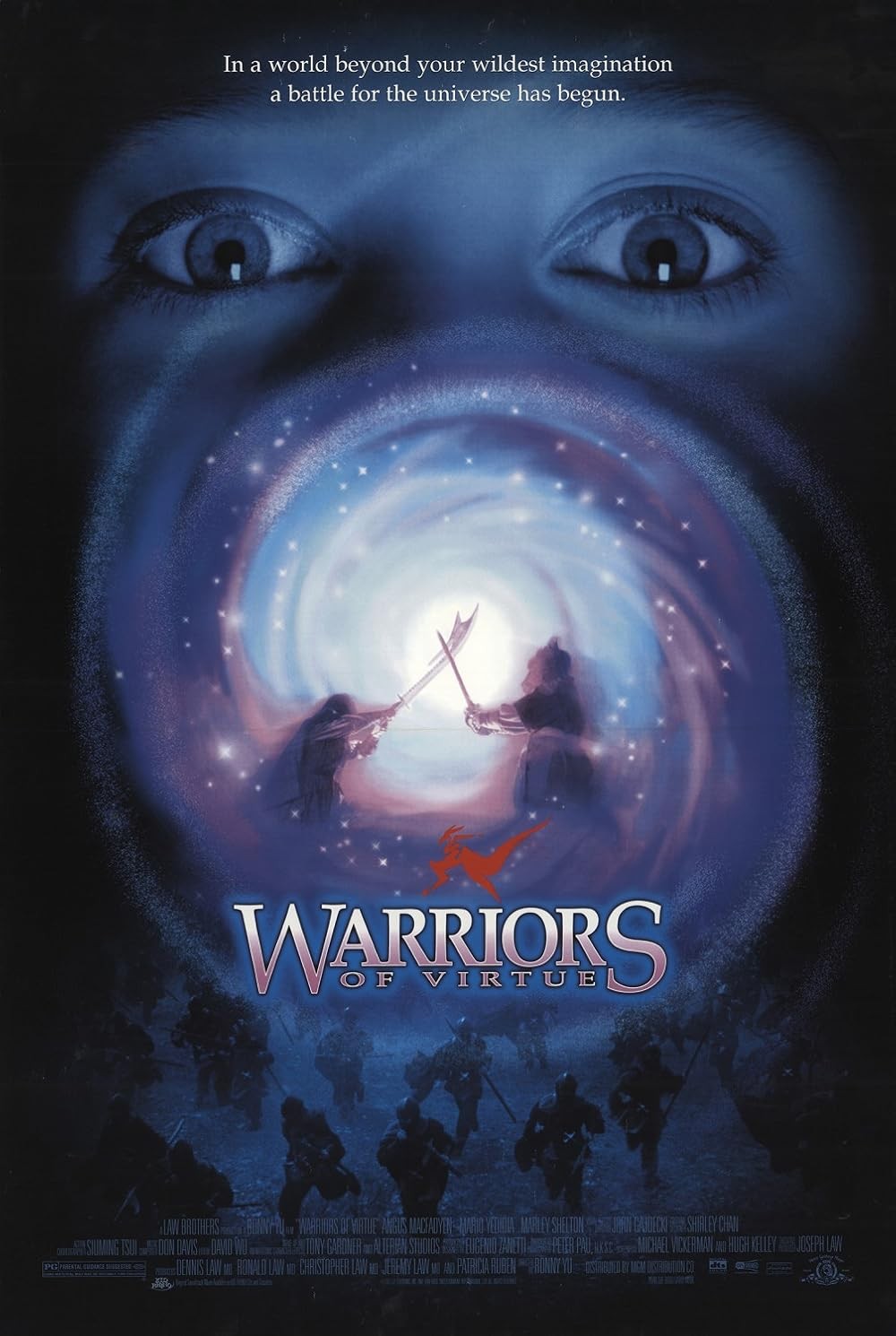 A movie poster for Warriors of Virtue. At the top, a close-up of a child’s wide eyes looks in awe. Below, a glowing vortex swirls with stars, inside of which two figures duel with weapons. The film’s title, “Warriors of Virtue,” is centered at the bottom with a red dragon logo above it. Silhouettes of armored warriors march forward in the foreground. The tagline reads: “In a world beyond your wildest imagination a battle for the universe has begun.”