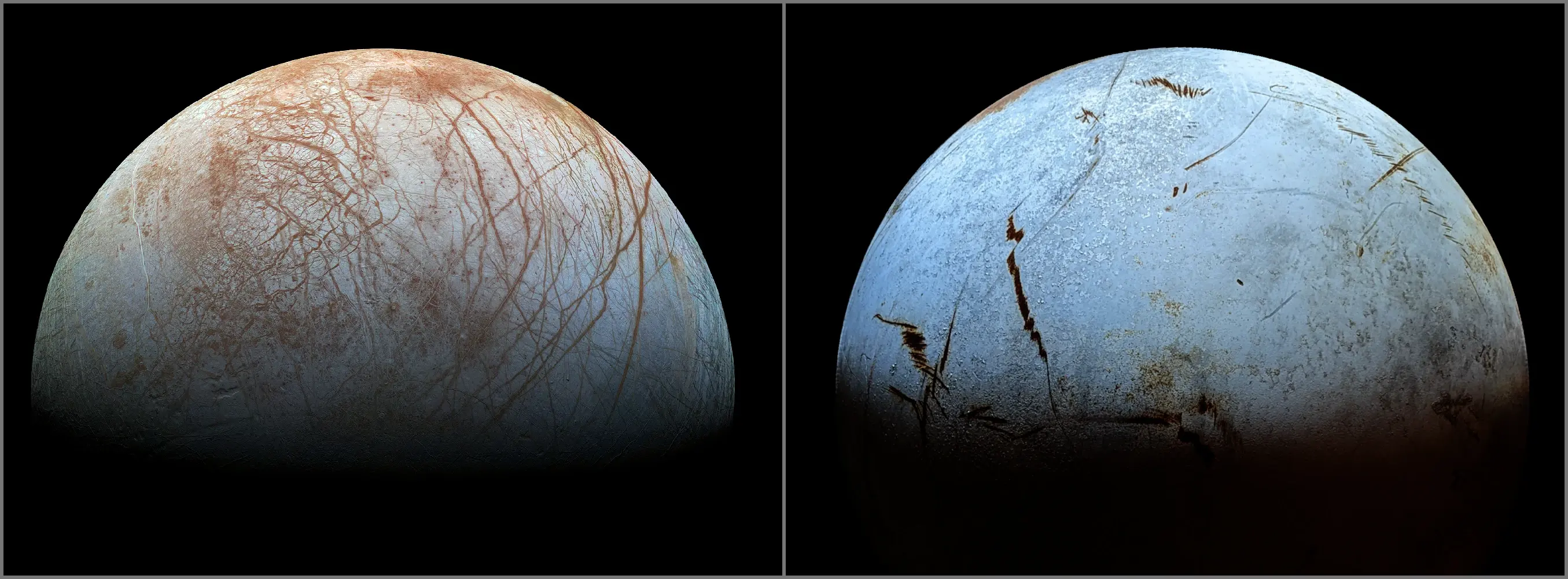 Photos of two different planets or moons placed side by side