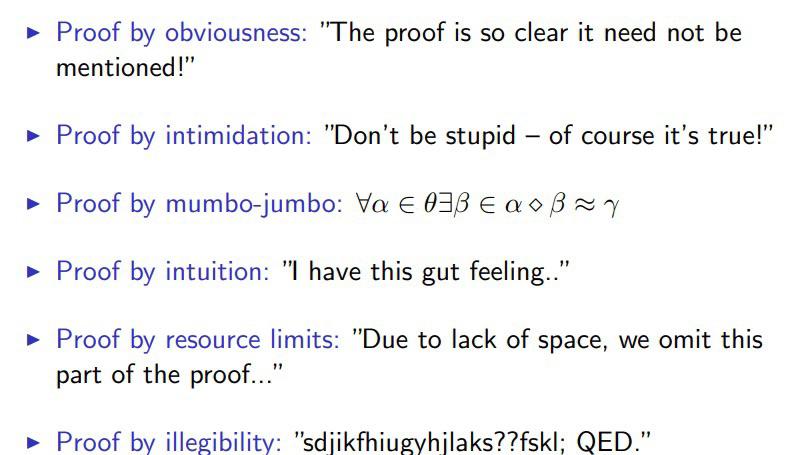 Proof by obviousness: "The proof is so clear it need not be mentioned!"

Proof by intimidation: "Don't be stupid — of course it's true!”

Proof by mumbo-jumbo: ∀α ∈ θ∃β ∈ α ⋄ β ≈ γ

Proof by intuition: "I have this gut feeling..”

Proof by resource limits: "Due to lack of space, we omit this part of the proof...”

Proof by illegibility: "sdjikfhiugyhijlaks??fskl; QED.”