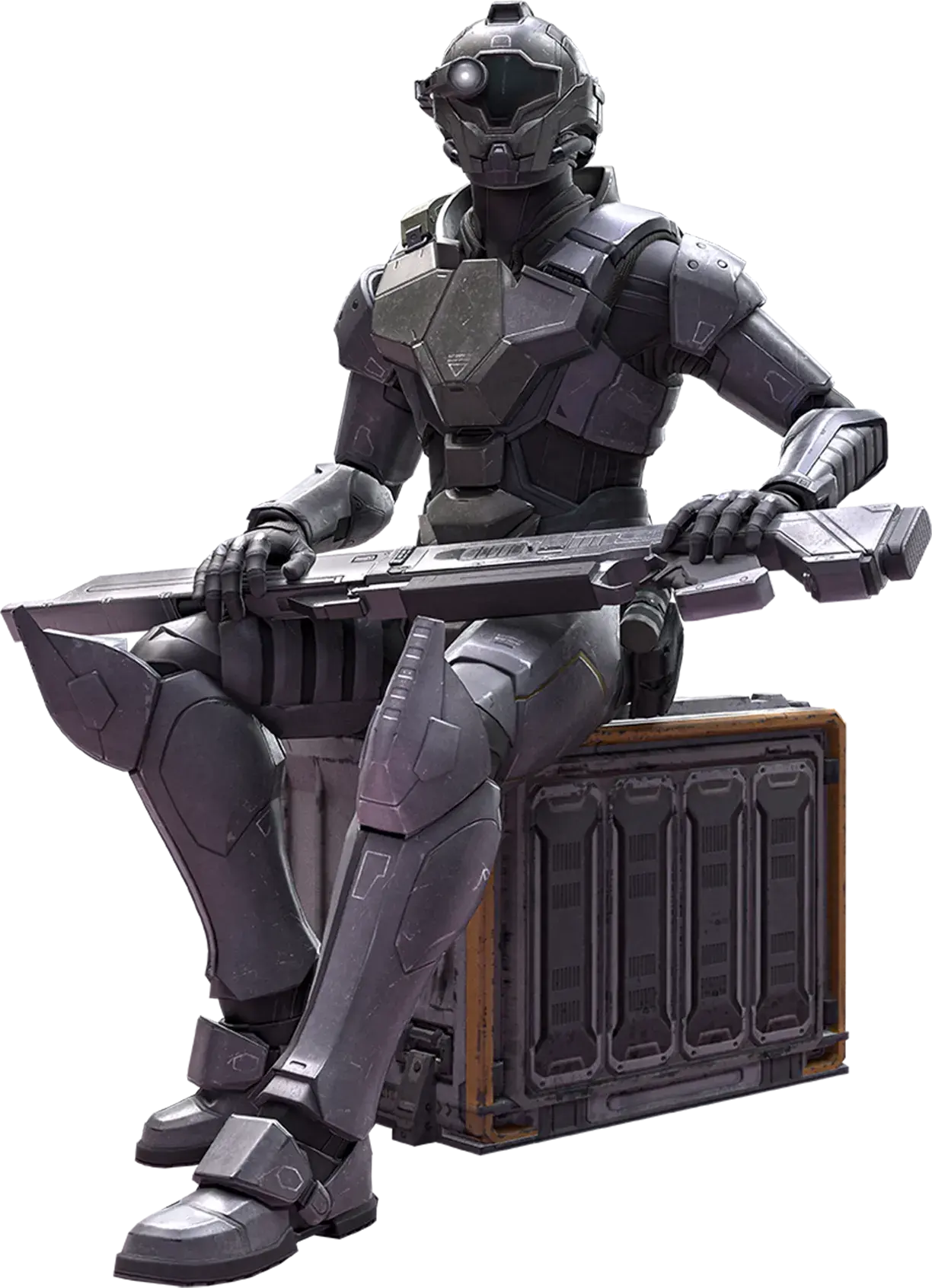 Character art of Reger Tokabi, a minor side character from Metroid Prime 4: Beyond. He's wearing bog standard power armor that looks like a Spirit Halloween Iron Man suit. 