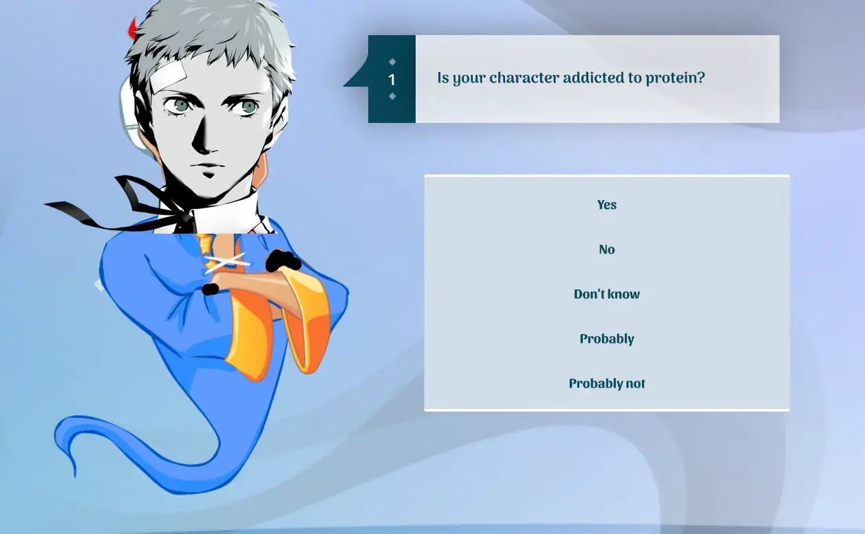 (picture of Akihiko edited over Akinator) Is your character addicted to protein?