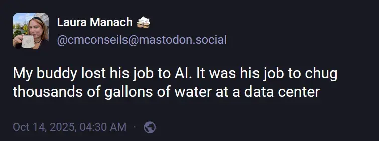 Laura Manach (@cmconseils@mastodon.social): "My buddy lost his job to AI. It was his job to chug thousands of gallons of water at a data center"