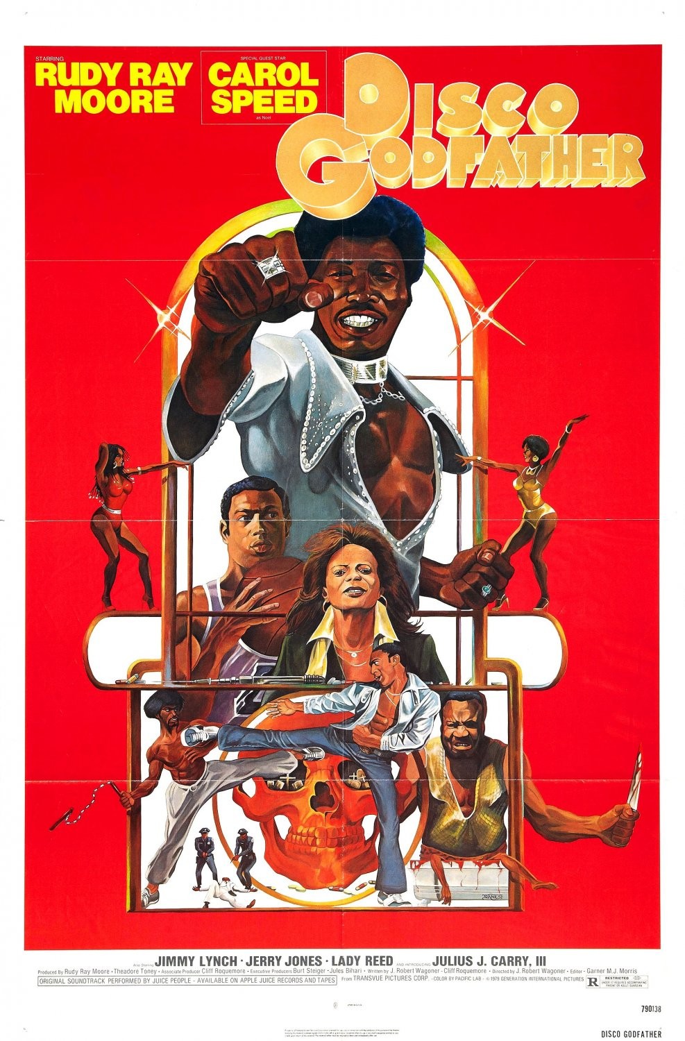 A blazing red vintage movie poster for Disco Godfather featuring Rudy Ray Moore front and center, fist outstretched, wearing a rhinestone-studded white disco outfit. Behind him, a collage of kung fu kicks, night club dancers, and blazing skull imagery. Supporting characters—Carol Speed, Jimmy Lynch, and others—are rendered in dramatic action poses, evoking both camp and chaos. The tagline is unspoken, but the vibe is clear: this movie means funky business.