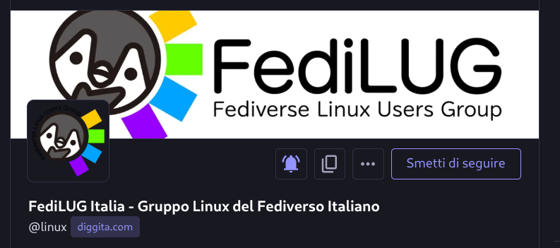 L'immagine mostra una pagina di un gruppo di utenti di Linux chiamato "FediLUG" (Fediverse Linux Users Group). Il logo del gruppo è composto da un pinguino stilizzato con un sorriso, circondato da una serie di quadrati colorati che rappresentano i colori dell'arcobaleno. Sotto il logo, il nome del gruppo è scritto in caratteri neri: "FediLUG" in grande e "Fediverse Linux Users Group" in caratteri più piccoli. Sotto il nome del gruppo, c'è una descrizione in italiano: "FediLUG Italia - Gruppo Linux del Fediverso Italiano". In basso a sinistra, è presente il nome utente "[@]linux" e il dominio "diggita.com". In alto a destra, ci sono icone per notifiche, un menu a tre punti e un pulsante blu con la scritta "Smetti di seguire".