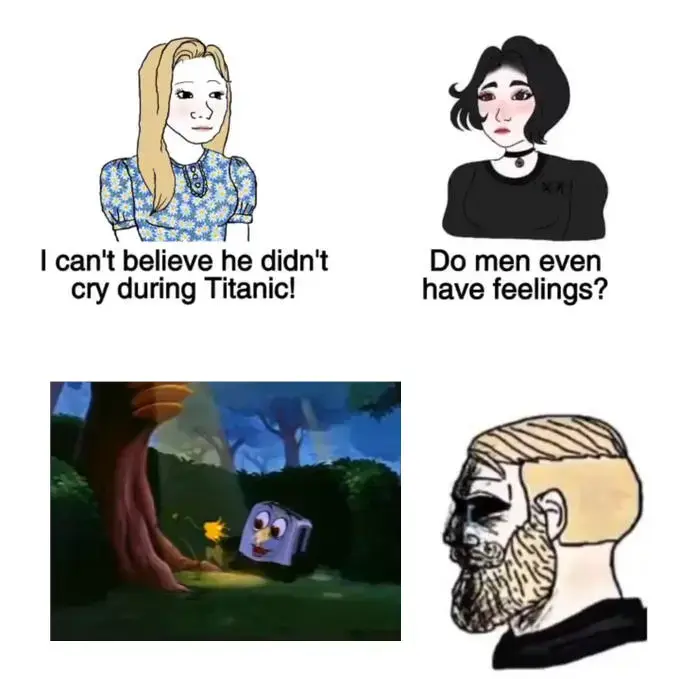 Two women talking: "I can't believe he didn't cry during Titanic!" "Do men even have feelings?" On the bottom: A man watching the flower scene from The Brave Little Toaster with a dark shadow over his face.